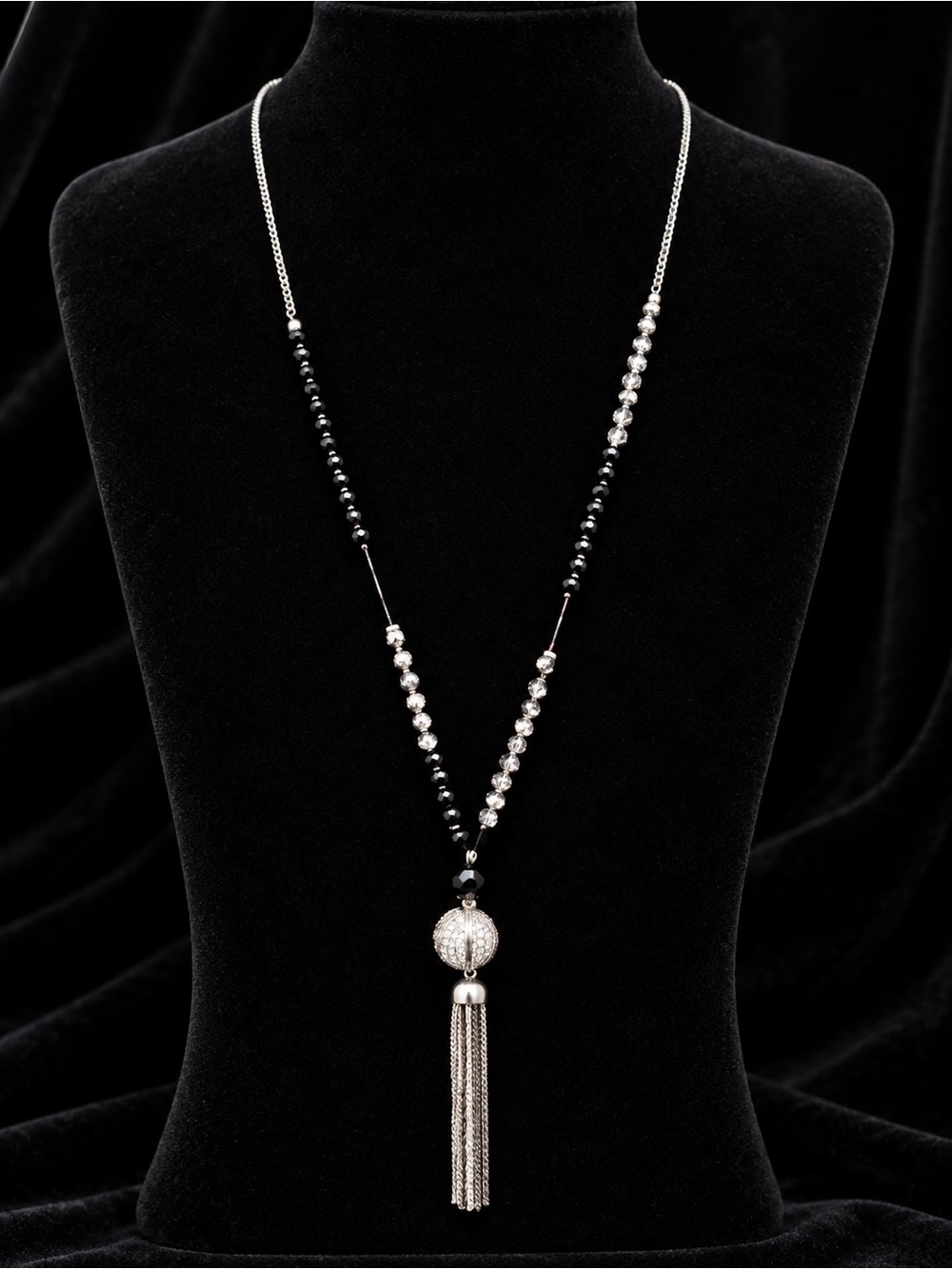 Long Silver Chain Necklace with Black and Silver Faceted Beads and Rhinestones
